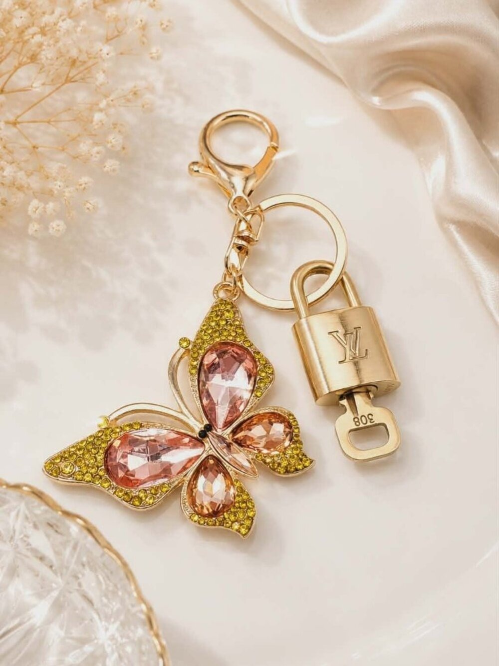 LV Gold Padlock Authentic 🔑 Luxury Bag Charm w/ Unbranded Butterfly Keychain